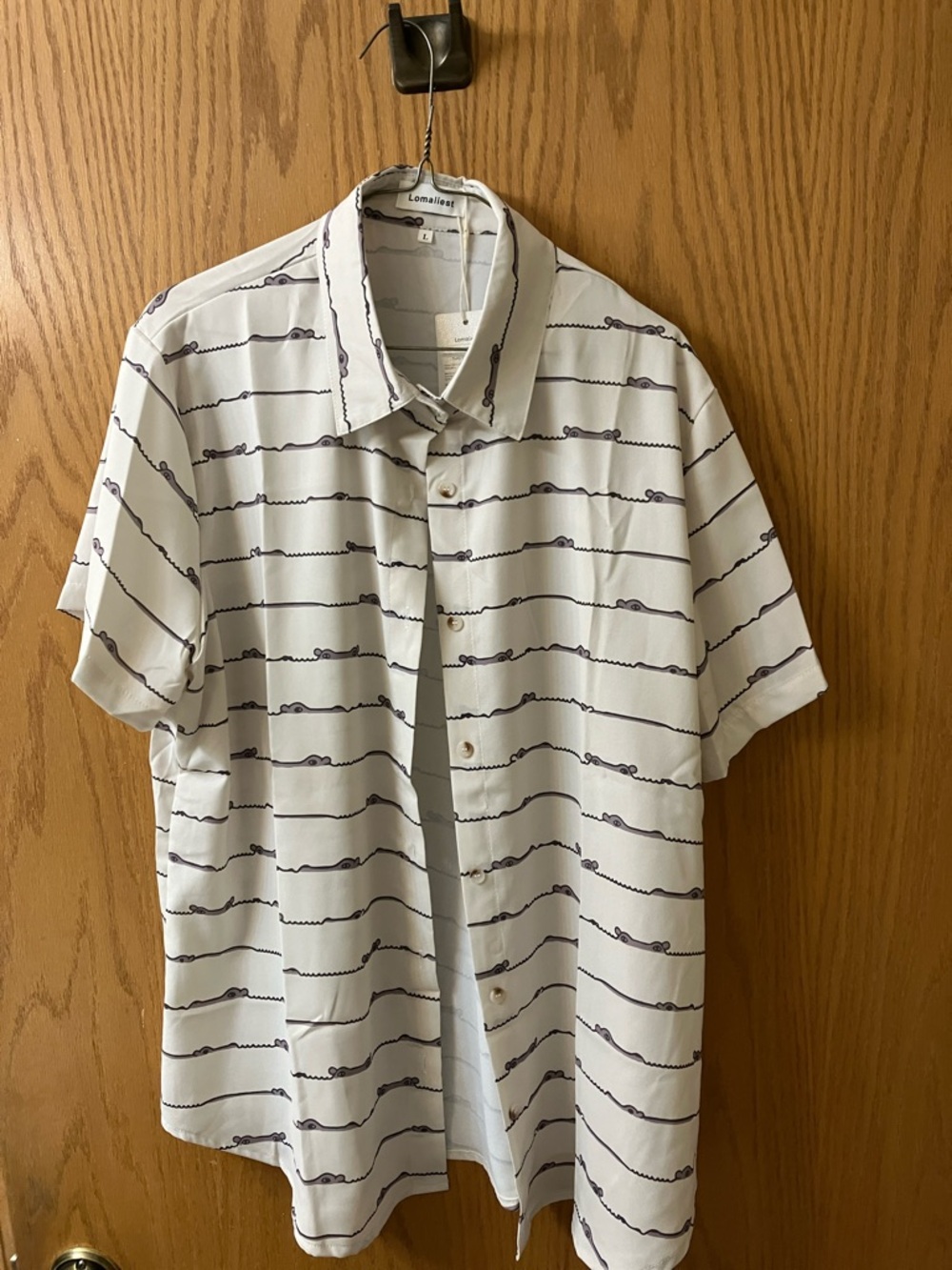 White Short-Sleeve Button-Down Shirt with brown hippo detail